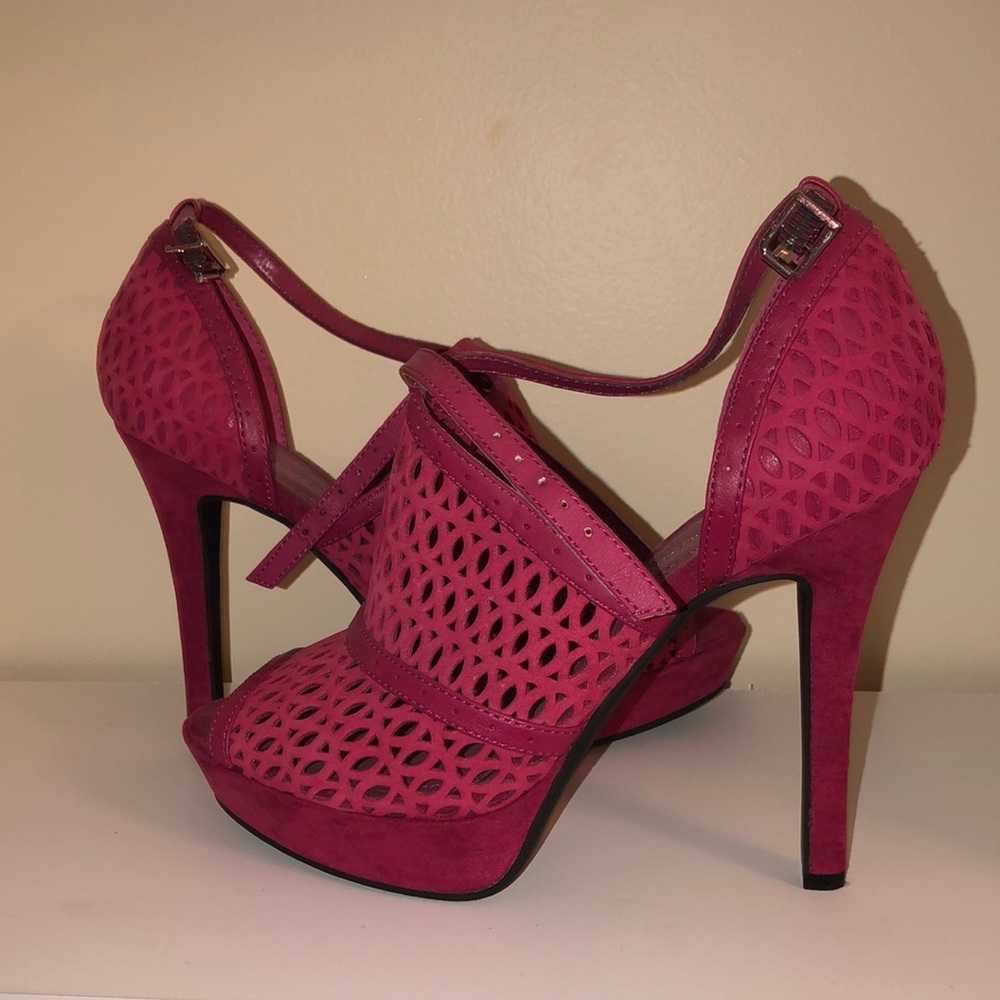 BCBG suede peep toe heels